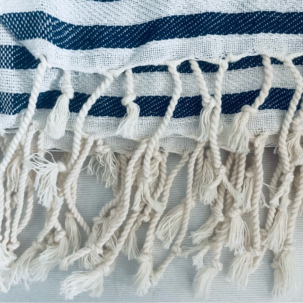 Gold Case Blue and White Stripe Turkish fringe Cotton Peshtamel Towel Wrap - Picture 7 of 16